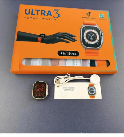 (ELE) UT-1031   Smart Watch Ultra3 7 in 1 Straps 2.01 Infinite Display BT Calling Sports Mode Fitness 7 Belt for Men & Women Smartwatch (7 Multicolor Strap, Free Size)  "Belt Color as per availability"