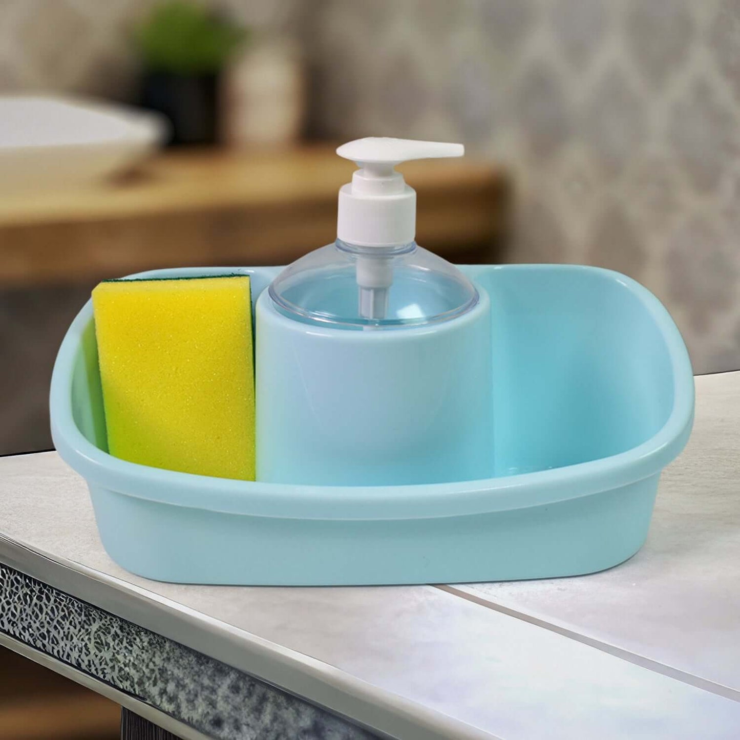 UT-1113     Premium Quality Kitchen Sink & Basin Plastic Stand Liquid Soap Dispenser with Cleaning Sponge
